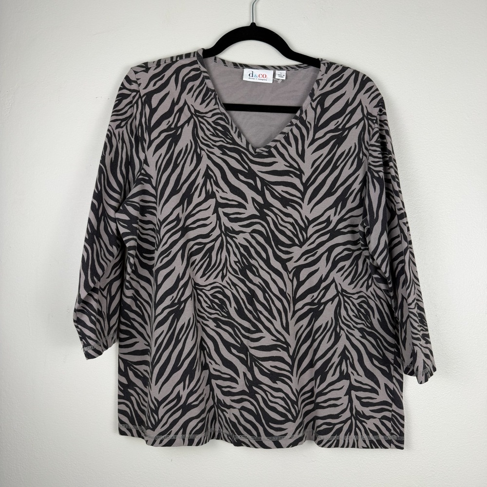 Denim & Co. Blouse Women's Large Black Gray Zebra Print 3/4 Sleeve Pullover Top